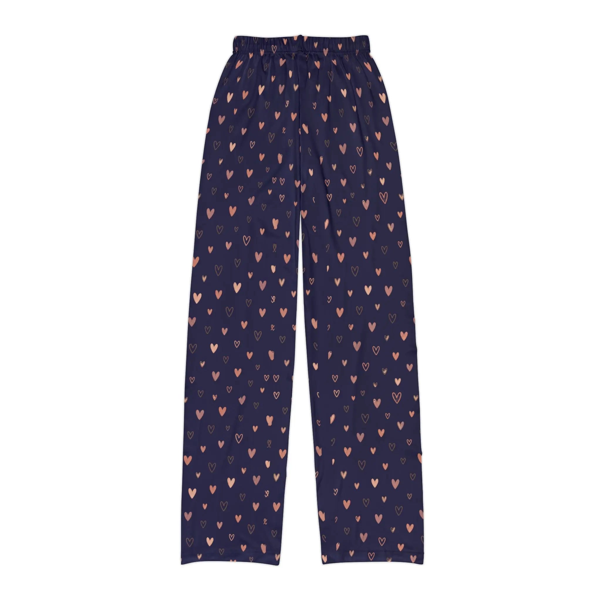 Navy heart print kids lounge pants featuring a scattered heart motif on a deep navy background.