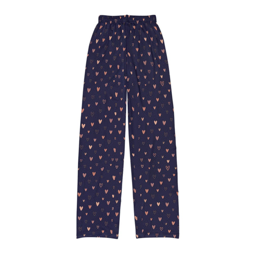 Navy heart print kids lounge pants featuring a scattered heart motif on a deep navy background.