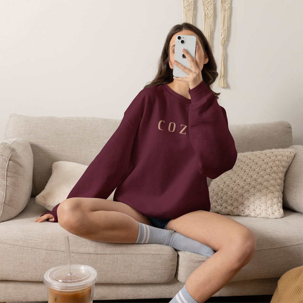 Cozy Crewneck Sweatshirt — Minimal 'COZY.' Soft White Pullover