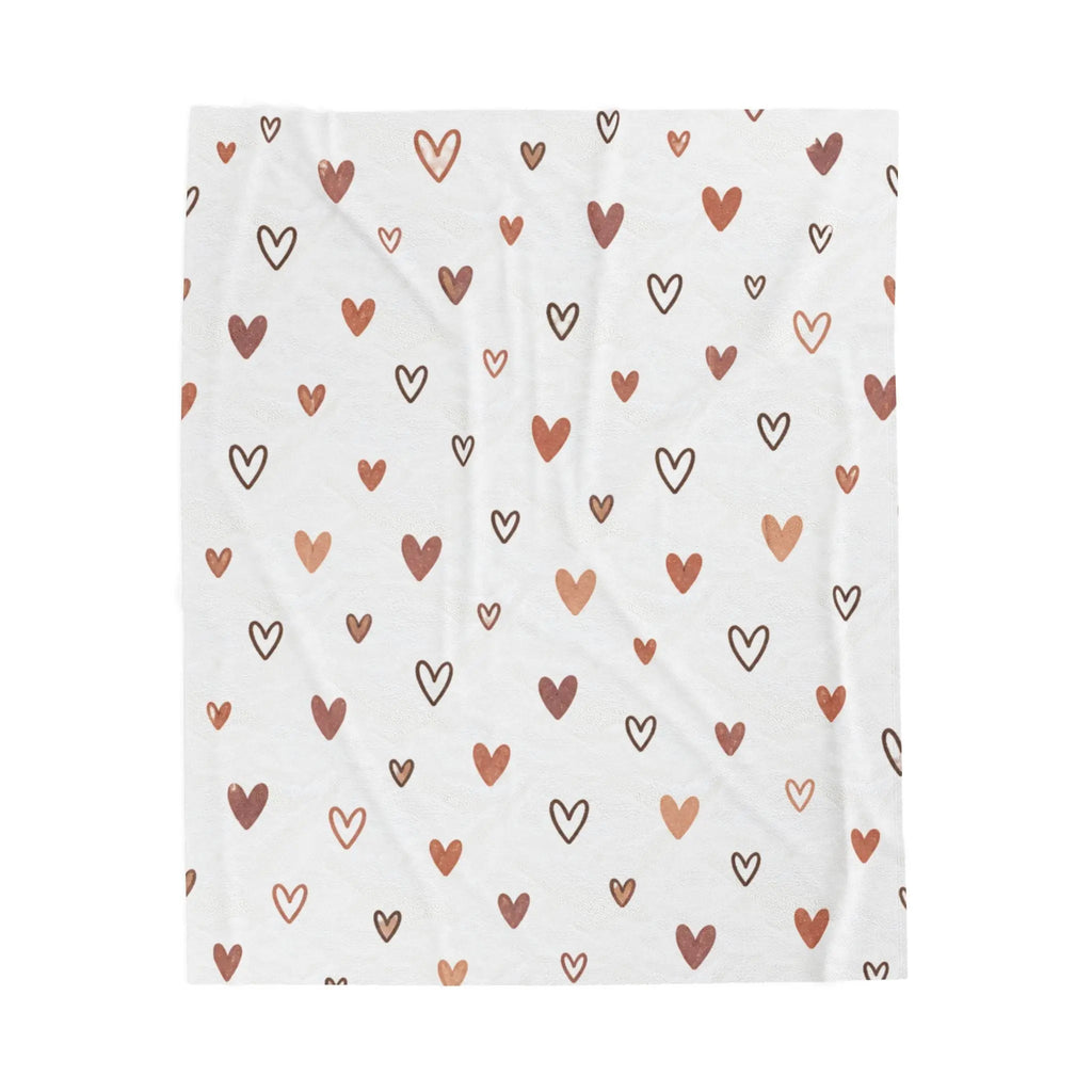 rose gold heart plush blanket with hand-drawn heart pattern in terracotta and warm brown tones on a white background.