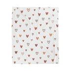 rose gold heart plush blanket with hand-drawn heart pattern in terracotta and warm brown tones on a white background.