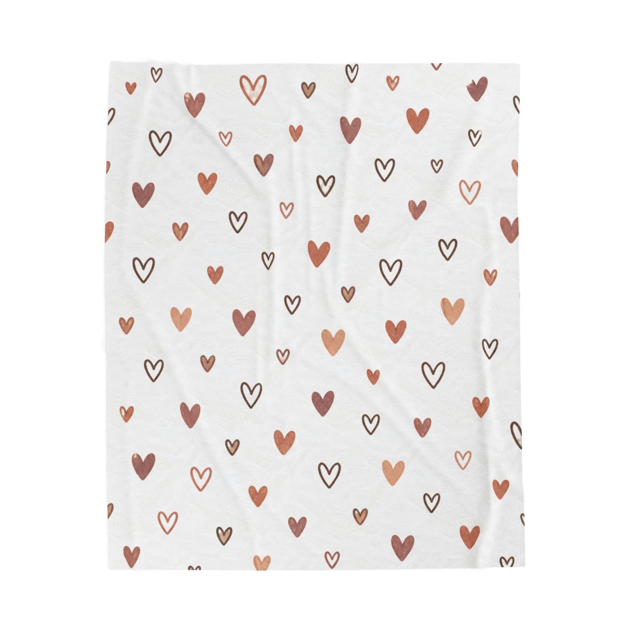 rose gold heart plush blanket with hand-drawn heart pattern in terracotta and warm brown tones on a white background.