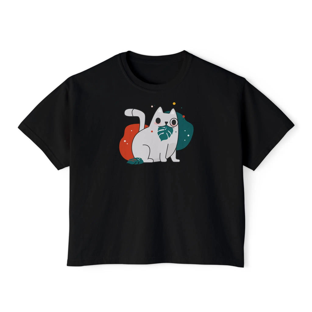 Cute Cosmic Cat Boxy Tee — Women's Graphic T-Shirt Printify
