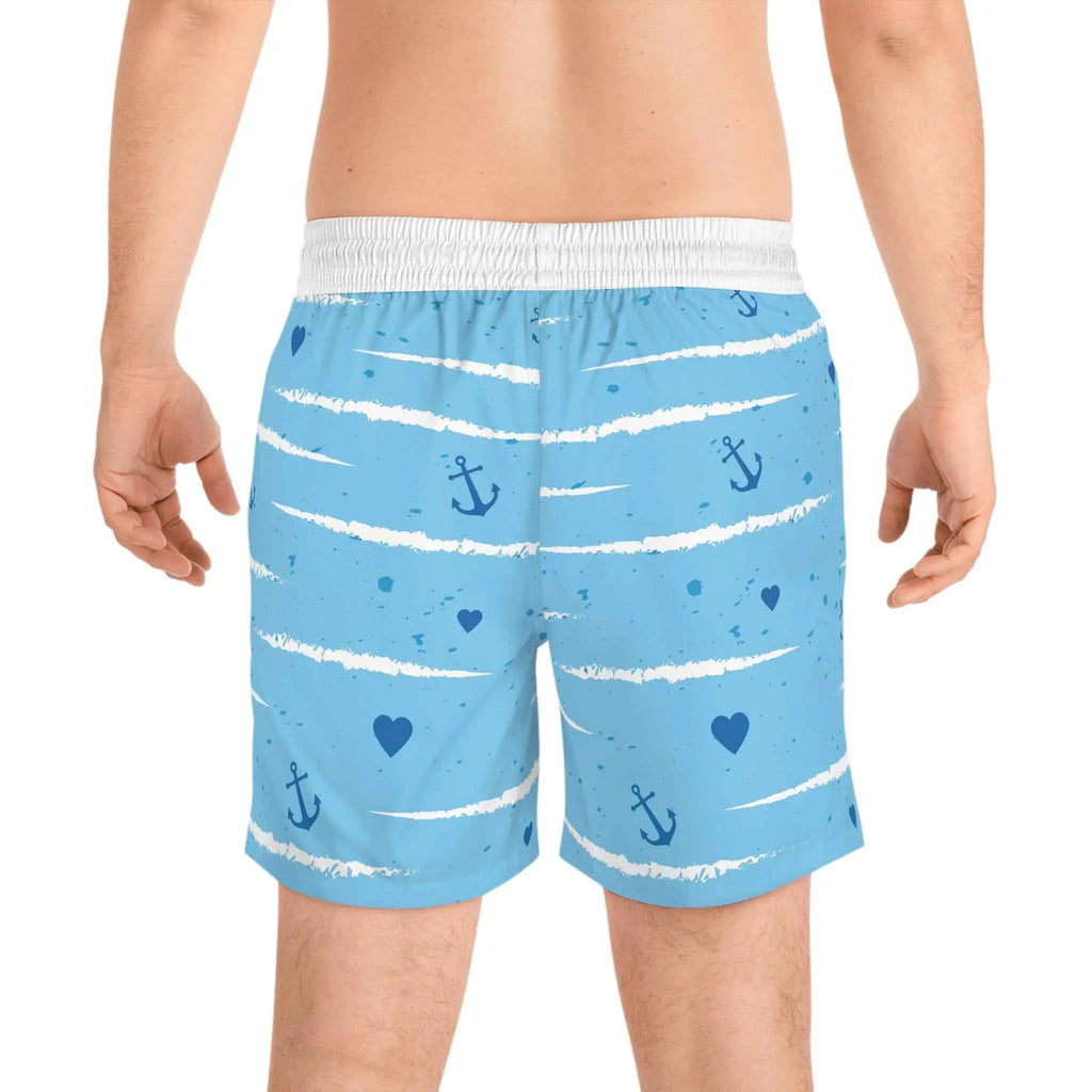 Nautical Anchor Blue Swim Shorts — Men's Mid-Length Swim Trunks