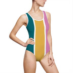 Retro Colorblock One-Piece Swimsuit — Teal Mustard Pink Stripe