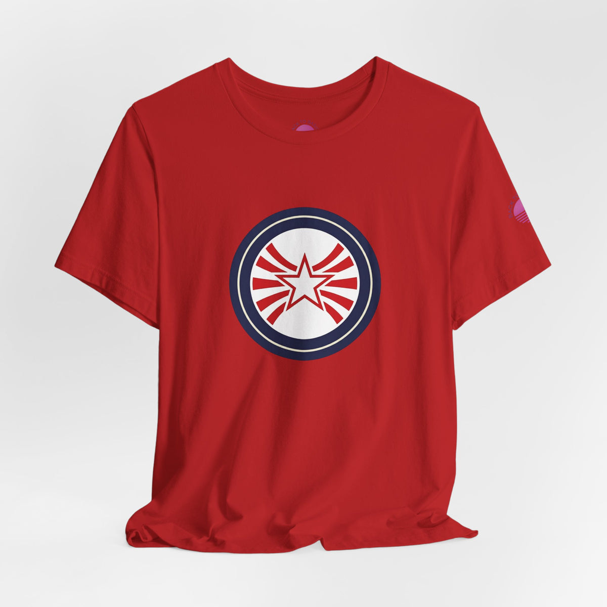 Patriotic Starburst Tee — Red, White & Blue Round Emblem T-Shirt