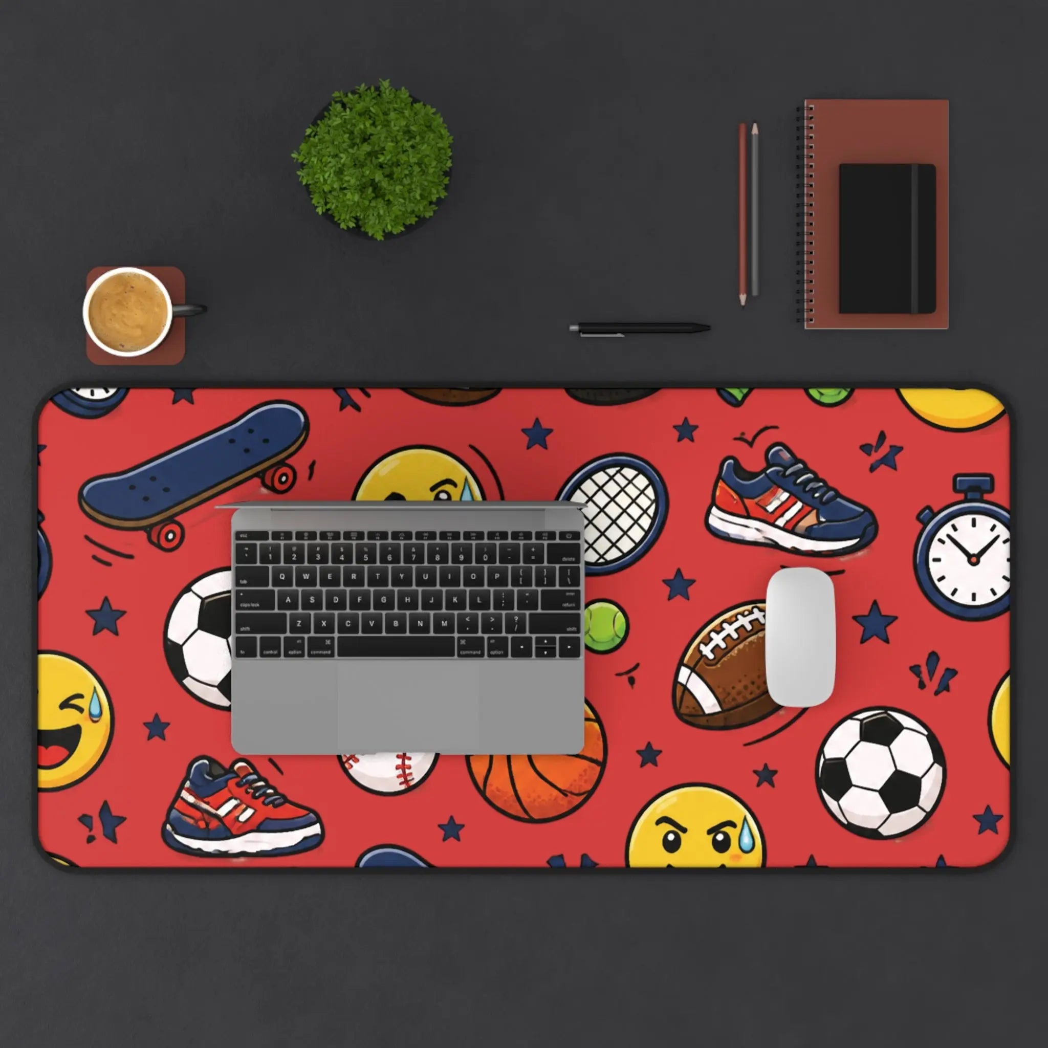 Back to School Sports Emojis Desk Mat — Athletic Pattern Mouse Pad for Kids & Teens Printify