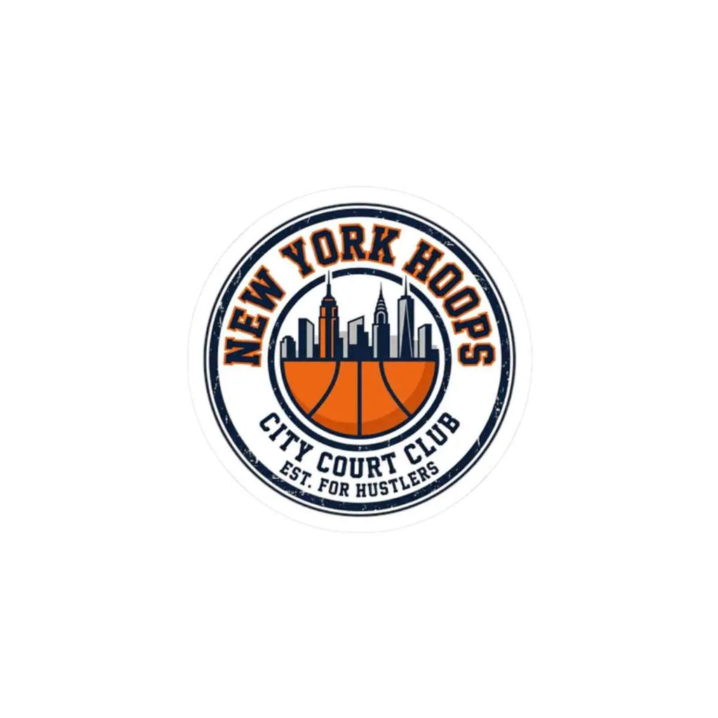 New York basketball sticker featuring retro design, skyline, and basketball motif in neutral and orange colors.