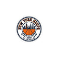 New York basketball sticker featuring retro design, skyline, and basketball motif in neutral and orange colors.