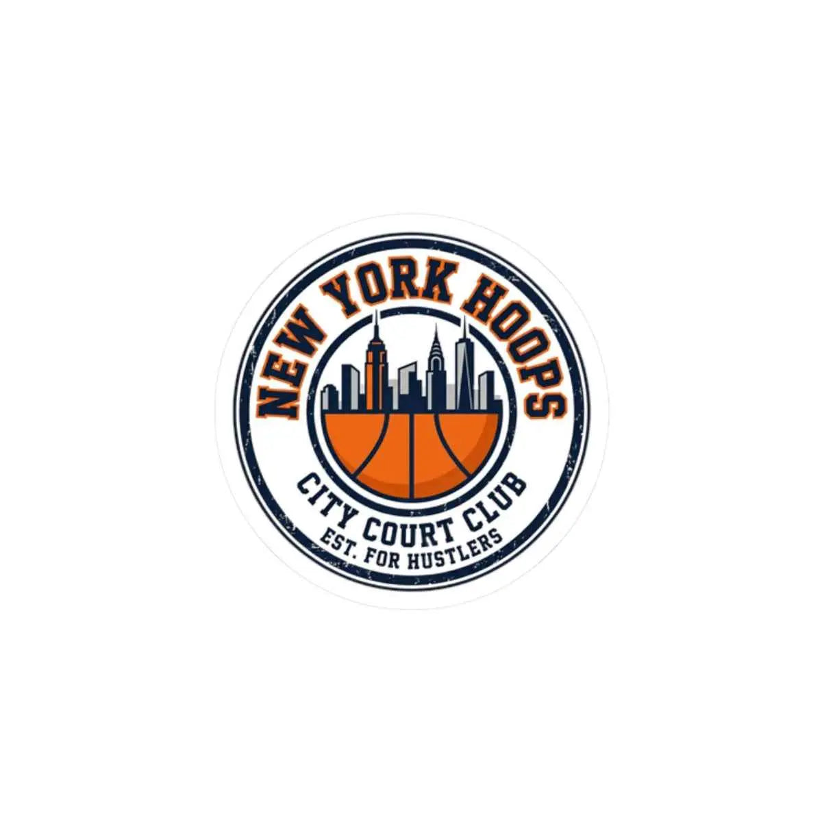 New York basketball sticker featuring retro design, skyline, and basketball motif in neutral and orange colors.