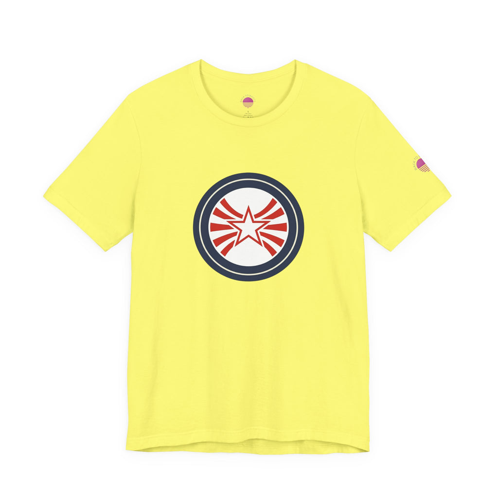Patriotic Starburst Tee — Red, White & Blue Round Emblem T-Shirt