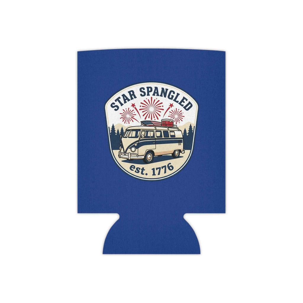 Star Spangled Van Can koozie, a patriotic beer cooler featuring retro Americana design with a vintage van and fireworks.