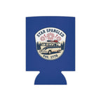 Star Spangled Van Can koozie, a patriotic beer cooler featuring retro Americana design with a vintage van and fireworks.