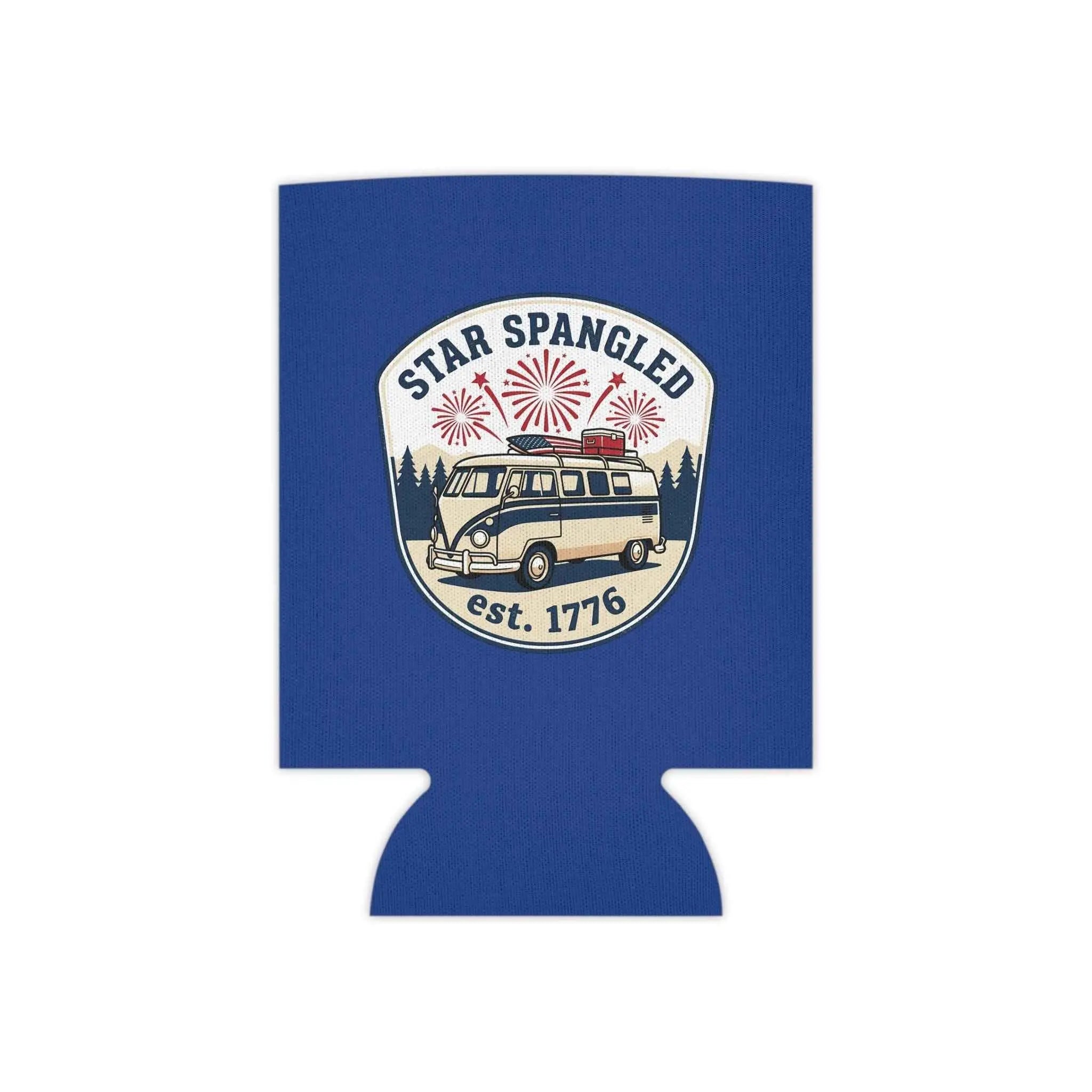 Star Spangled Van Can koozie, a patriotic beer cooler featuring retro Americana design with a vintage van and fireworks.