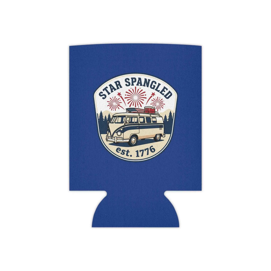 Star Spangled Van Can koozie, a patriotic beer cooler featuring retro Americana design with a vintage van and fireworks.
