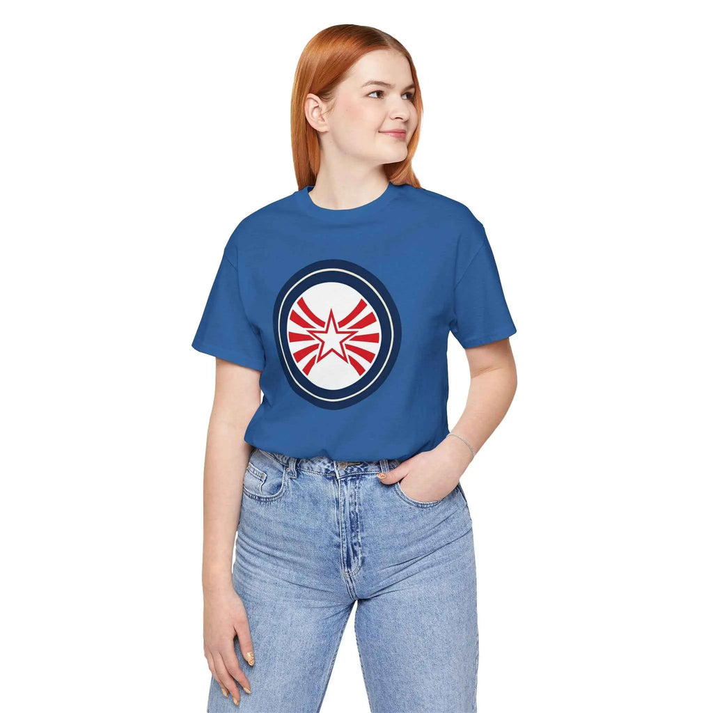 Patriotic Starburst Tee — Red, White & Blue Round Emblem T-Shirt