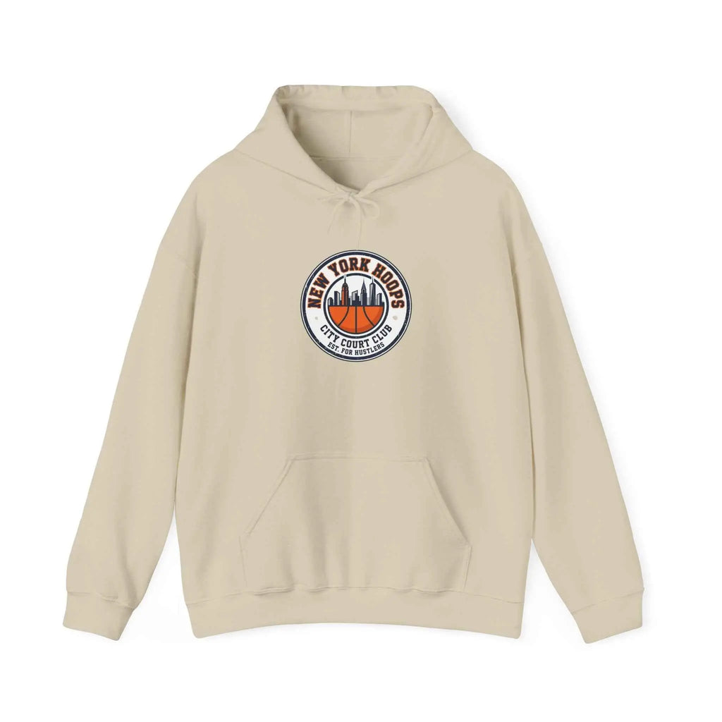 City Basketball Varsity Logo Hoodie featuring New York skyline emblem on a beige sweatshirt.