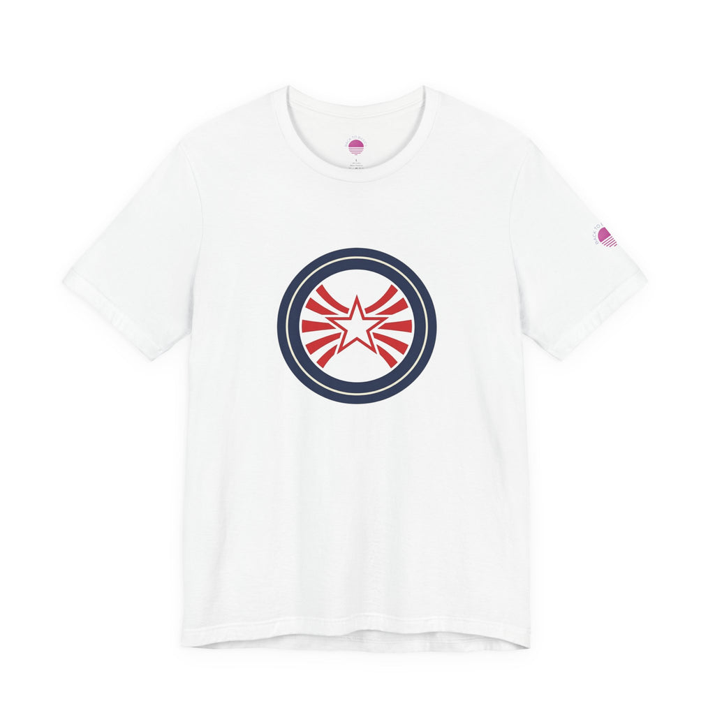 Patriotic Starburst Tee — Red, White & Blue Round Emblem T-Shirt