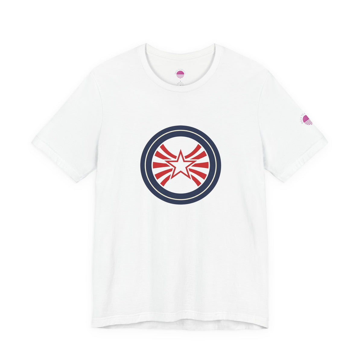 Patriotic Starburst Tee — Red, White & Blue Round Emblem T-Shirt