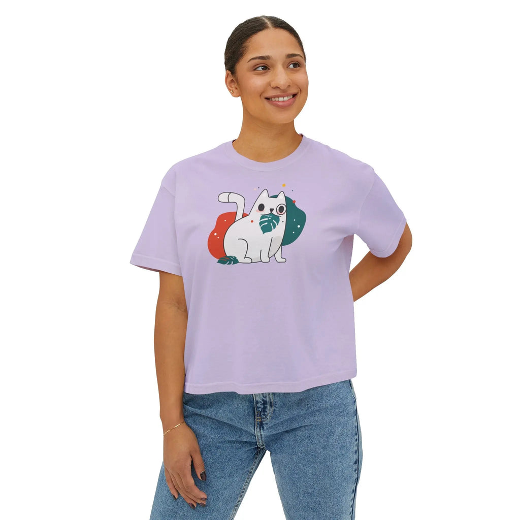 Cute Cosmic Cat Boxy Tee — Women's Graphic T-Shirt Printify
