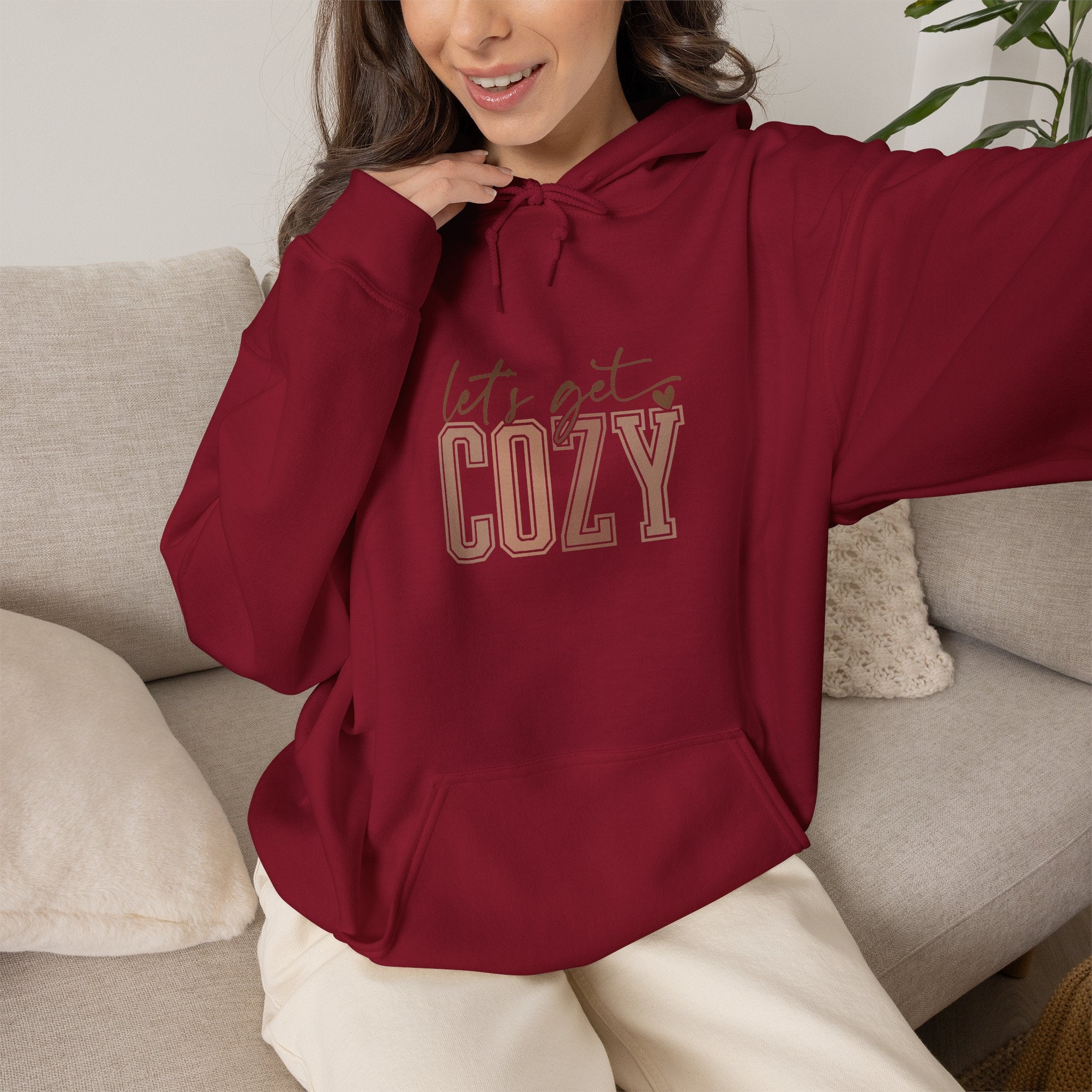 Let’s Get Cozy Hoodie with “Tis the Season to Be Cozy” on the back Soft Holiday Pullover