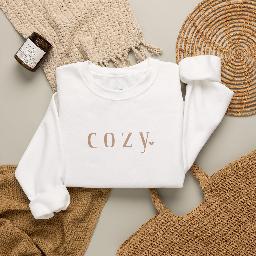 Cozy Crewneck Sweatshirt — Minimal 'COZY.' Soft White Pullover