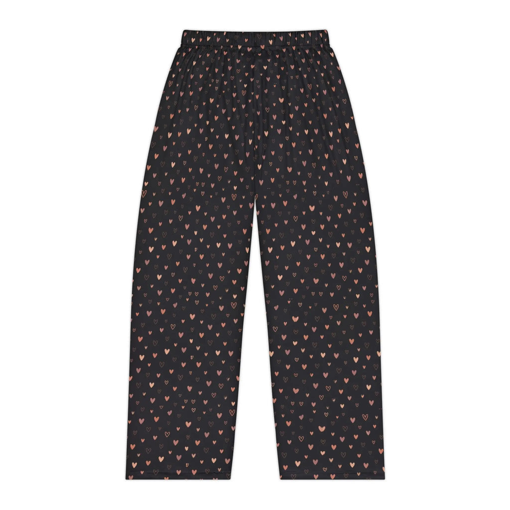 Heart Print Women's Pajama Pants featuring a soft, lightweight fabric with tiny heart designs on a dark background.