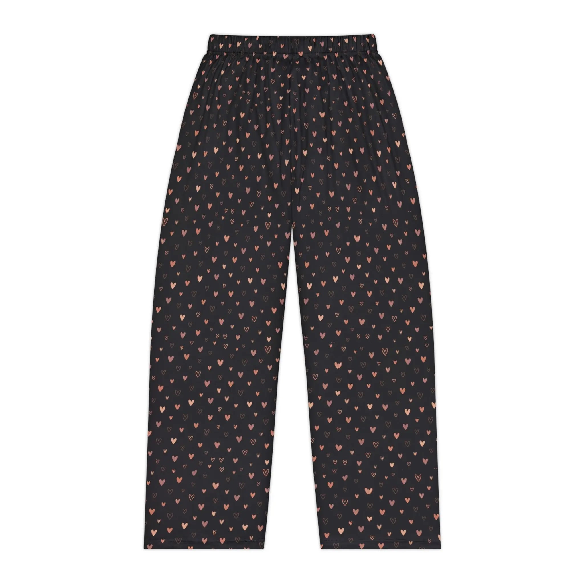 Heart Print Women's Pajama Pants featuring a soft, lightweight fabric with tiny heart designs on a dark background.