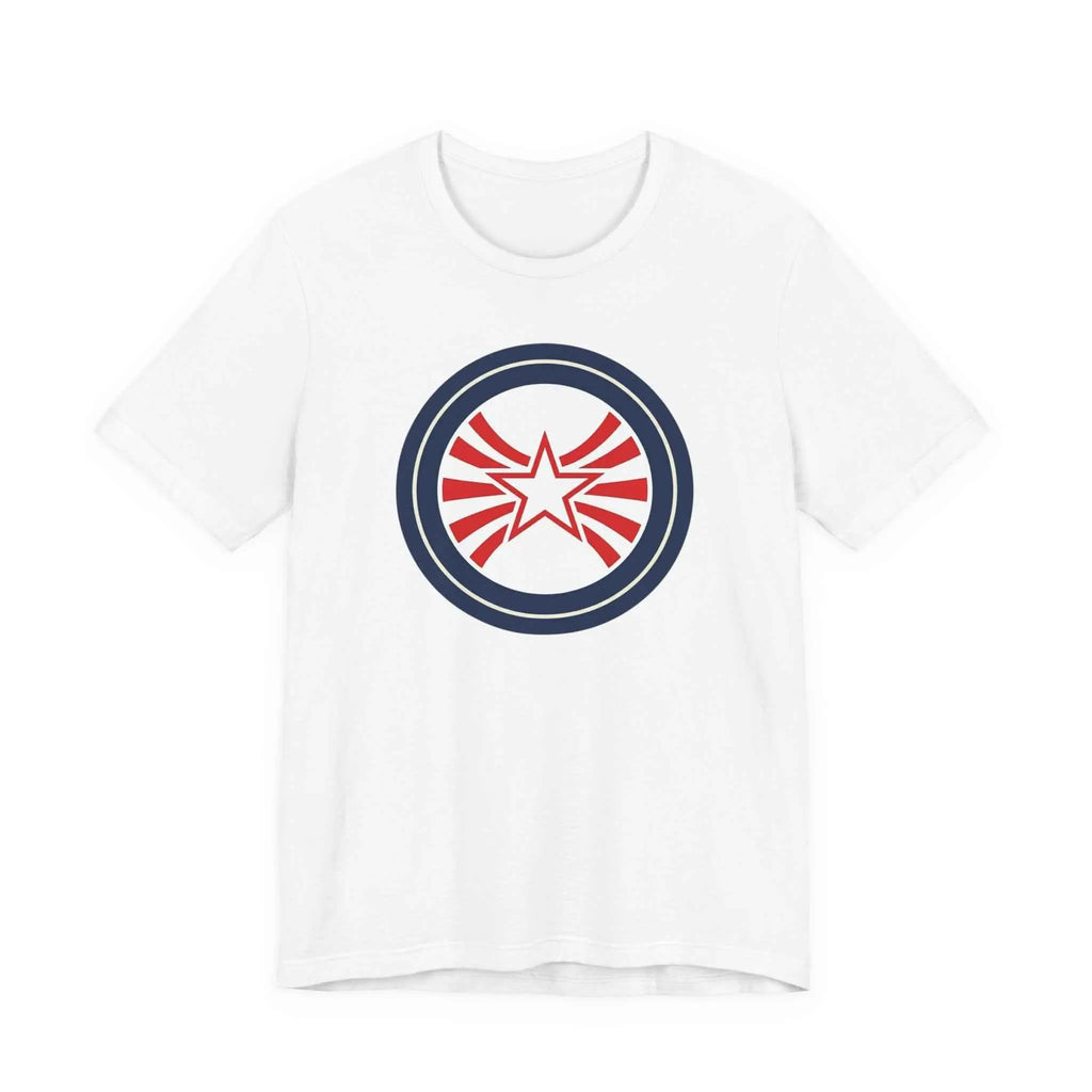 Patriotic Starburst Tee — Red, White & Blue Round Emblem T-Shirt