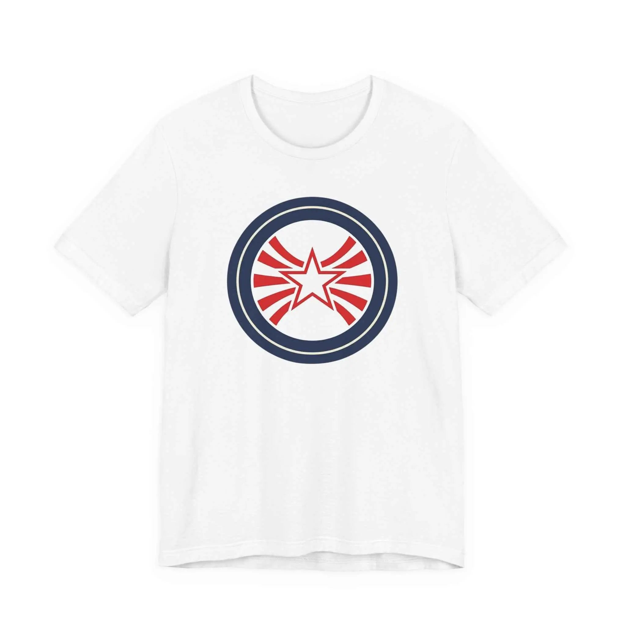 Patriotic Starburst Tee — Red, White & Blue Round Emblem T-Shirt