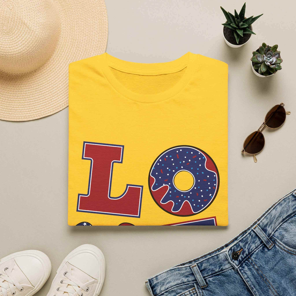 Patriotic "LOVE" T-Shirt — American Flag Donut & Flip-Flop Summer Tee