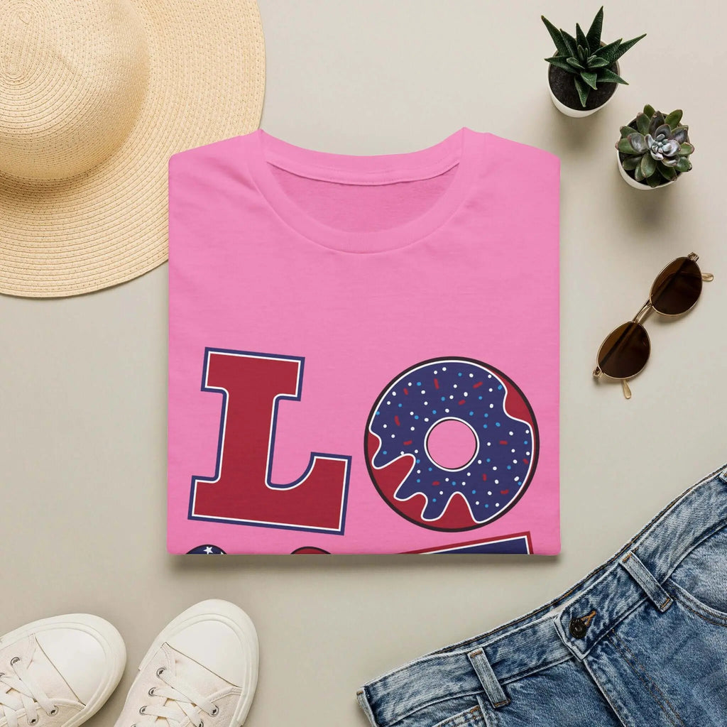 Patriotic "LOVE" T-Shirt — American Flag Donut & Flip-Flop Summer Tee Printify