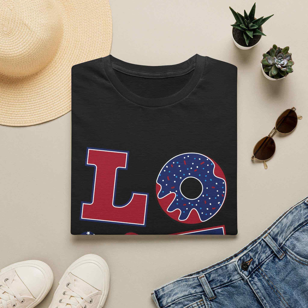 Patriotic "LOVE" T-Shirt — American Flag Donut & Flip-Flop Summer Tee