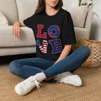 Patriotic "LOVE" T-Shirt — American Flag Donut & Flip-Flop Summer Tee Printify