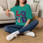 Patriotic "LOVE" T-Shirt — American Flag Donut & Flip-Flop Summer Tee Printify