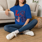 Patriotic "LOVE" T-Shirt — American Flag Donut & Flip-Flop Summer Tee Printify
