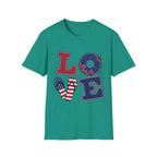 Patriotic "LOVE" T-Shirt — American Flag Donut & Flip-Flop Summer Tee Printify