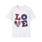 Patriotic "LOVE" T-Shirt — American Flag Donut & Flip-Flop Summer Tee Printify