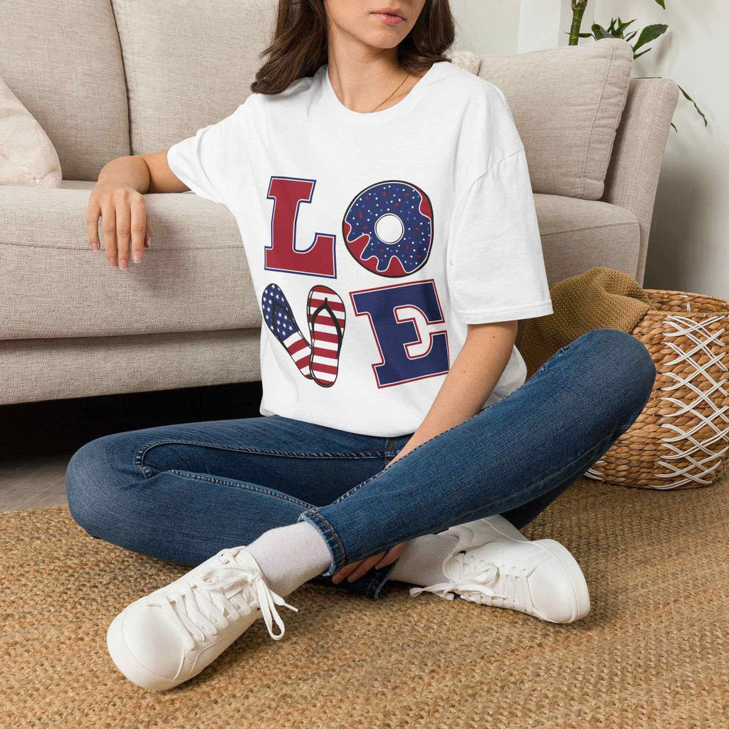 Patriotic "LOVE" T-Shirt — American Flag Donut & Flip-Flop Summer Tee