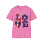 Patriotic "LOVE" T-Shirt — American Flag Donut & Flip-Flop Summer Tee Printify