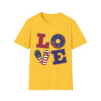 Patriotic "LOVE" T-Shirt — American Flag Donut & Flip-Flop Summer Tee Printify