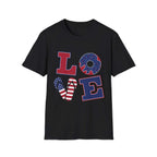 Patriotic "LOVE" T-Shirt — American Flag Donut & Flip-Flop Summer Tee Printify