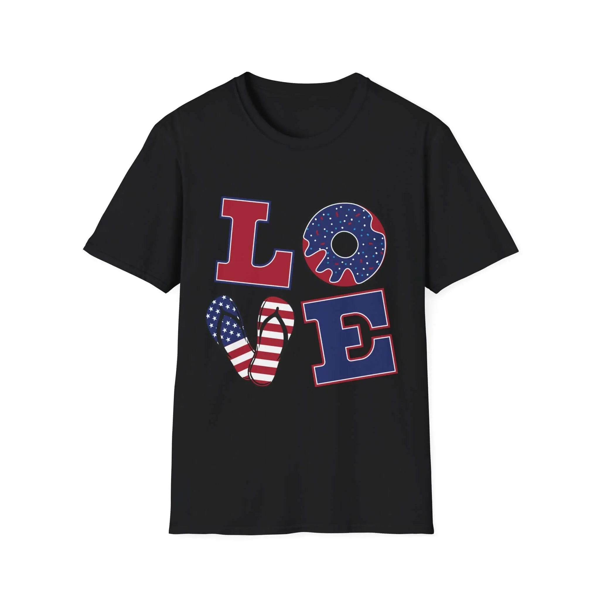 Patriotic "LOVE" T-Shirt — American Flag Donut & Flip-Flop Summer Tee Printify