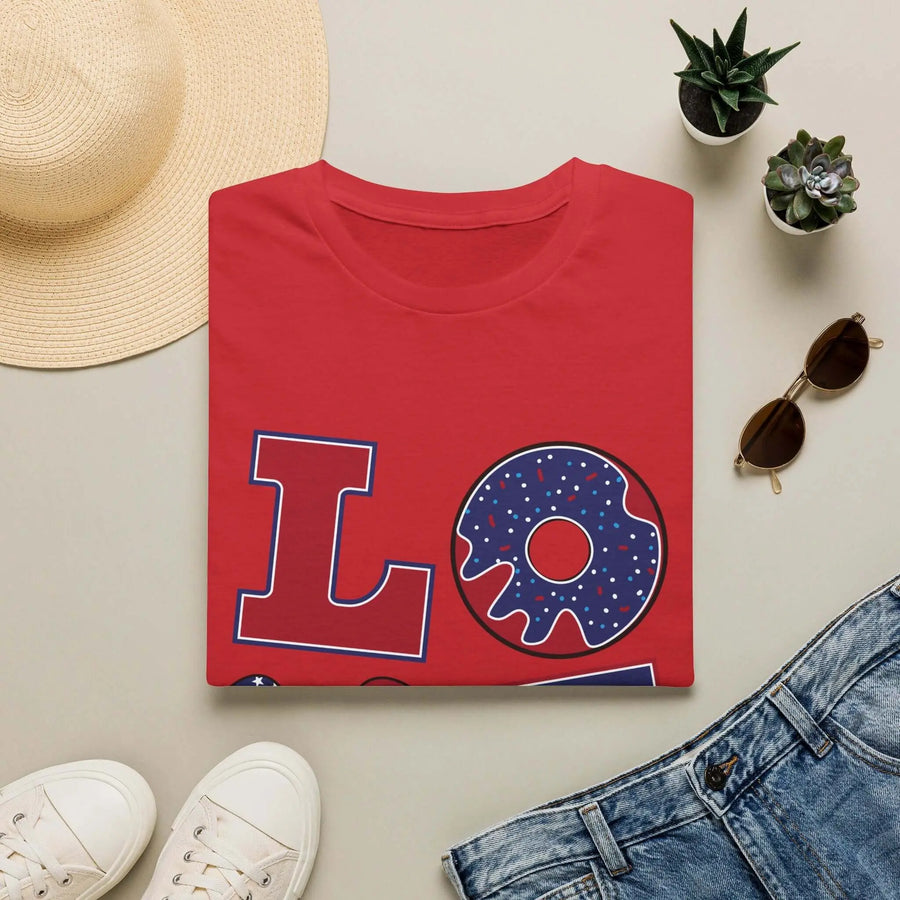 Patriotic "LOVE" T-Shirt — American Flag Donut & Flip-Flop Summer Tee Printify