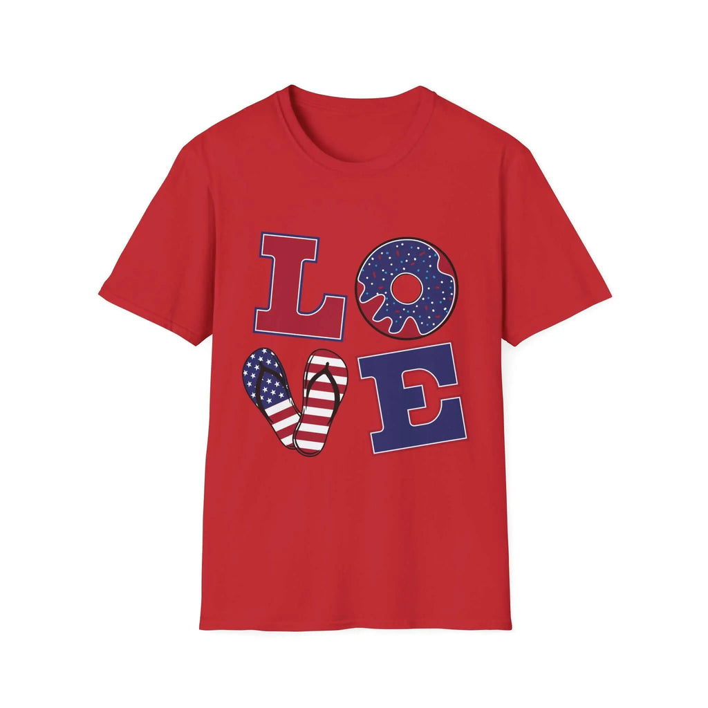 Patriotic "LOVE" T-Shirt — American Flag Donut & Flip-Flop Summer Tee Printify