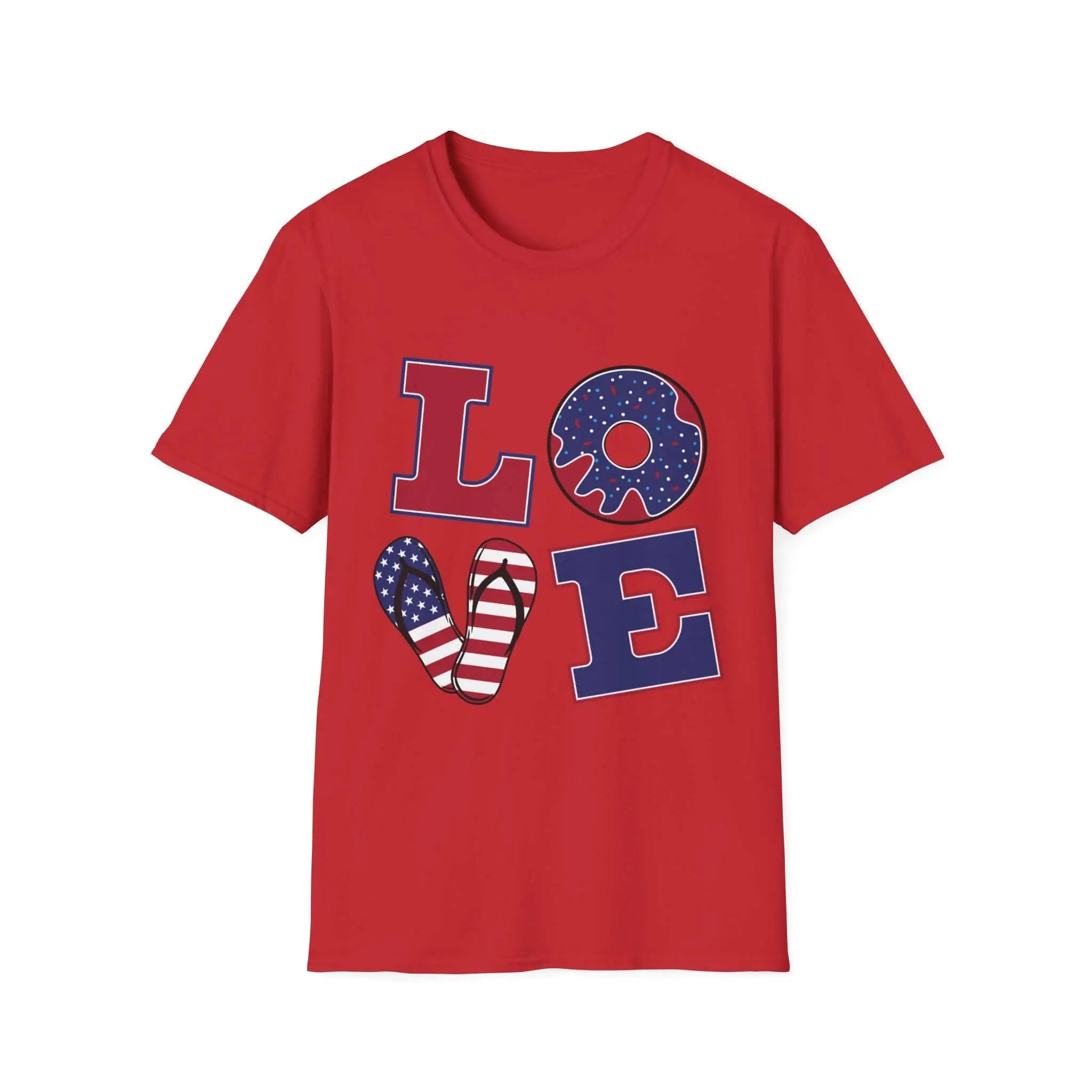 Patriotic "LOVE" T-Shirt — American Flag Donut & Flip-Flop Summer Tee Printify